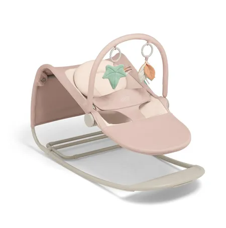 Soft pink baby bouncer with toy bar and cushioned seat