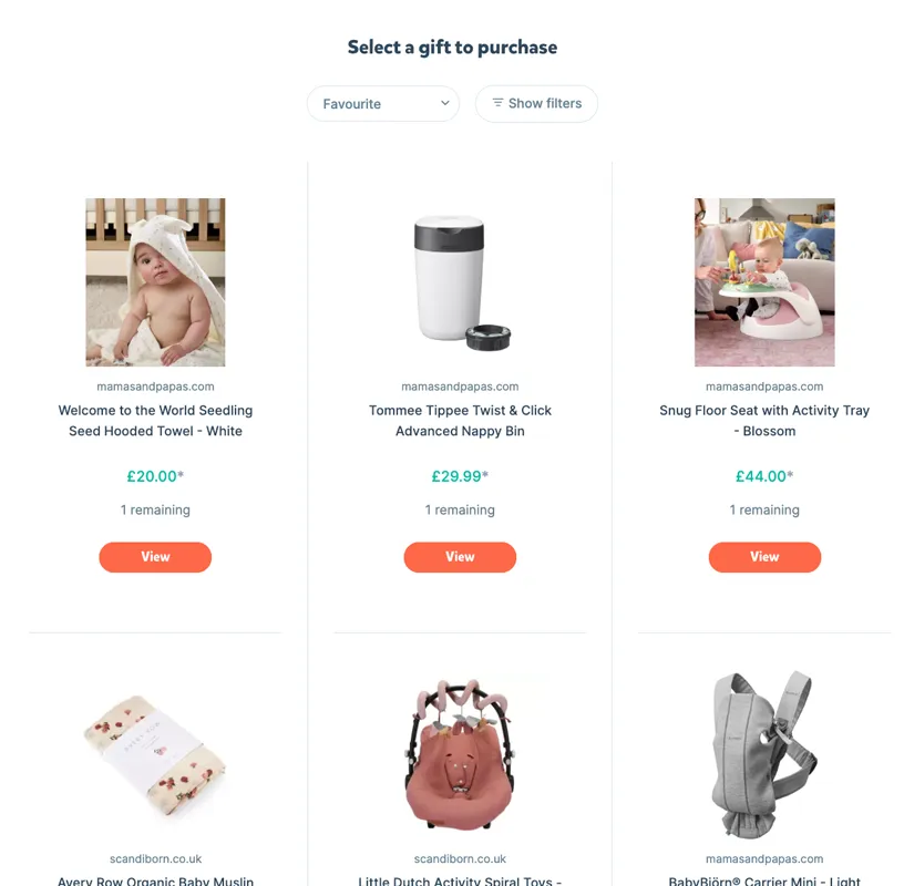 A baby gift list showing multiple items including a towel, nappy bin, baby carrier, each with prices and availability.