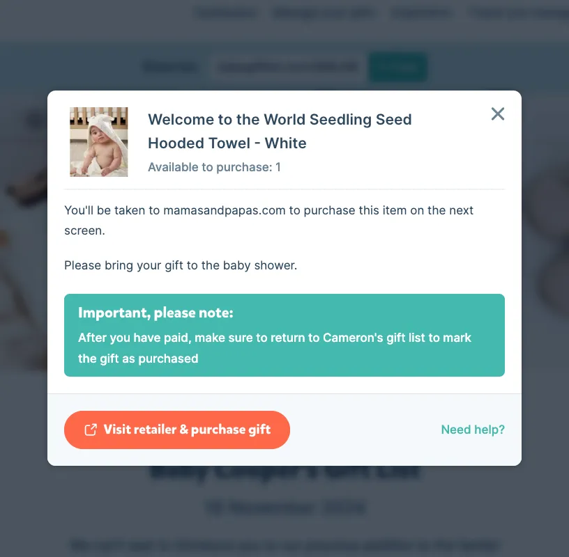 Popup modal for the hooded towel with instructions to purchase the gift from Amazon and a reminder to return and mark it as purchased.