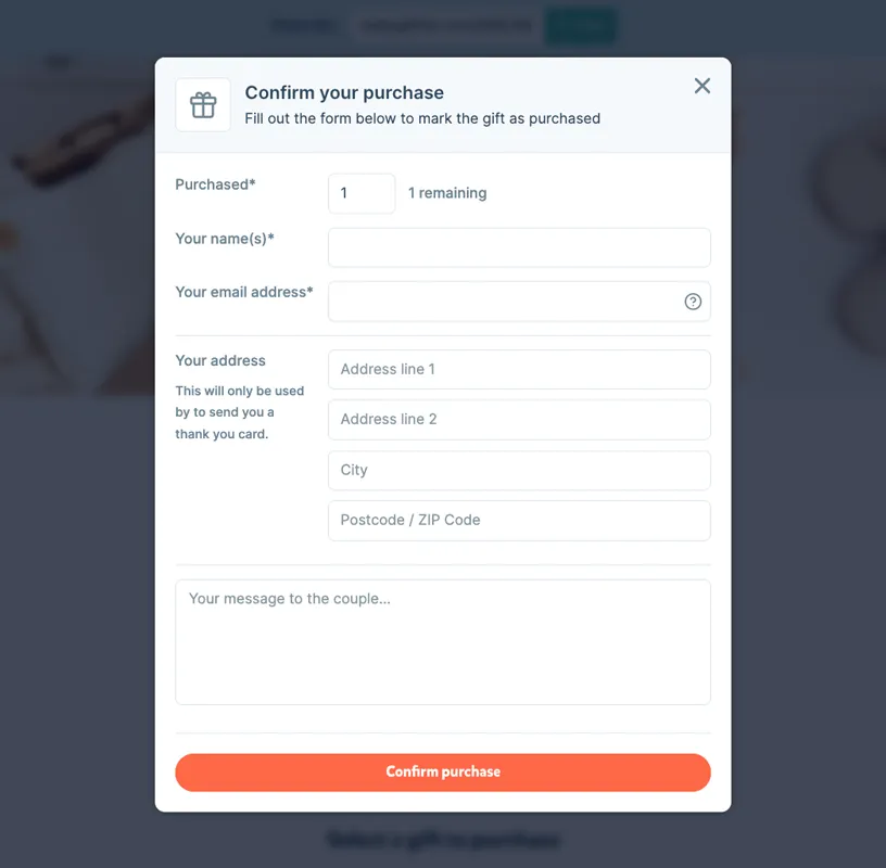 Form to confirm a baby gift purchase with fields for quantity, name, email, address, and an optional message to the parents.
